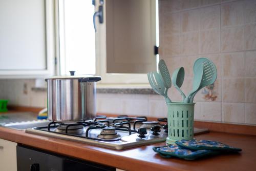 a kitchen counter with a stove with a pot and lettuces at il piccolo appartamento in Lamezia Terme
