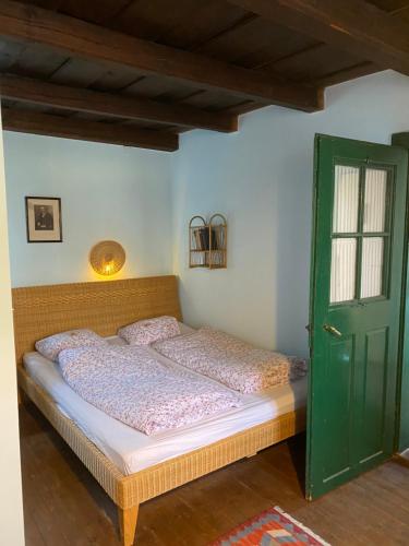 a bedroom with a bed and a green door at Landhaus Nitsch Appartement - Gästehaus Nitsch Appartement in Prinzendorf an der Zaya