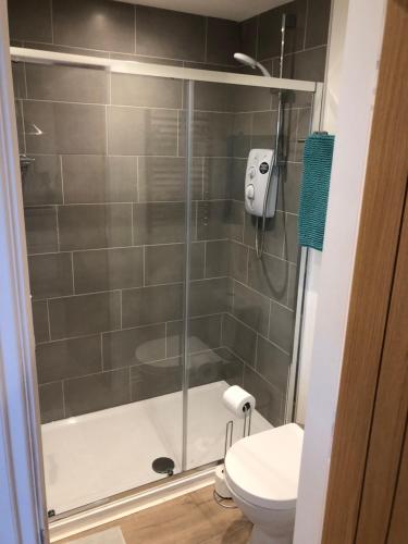 ein Bad mit einer Dusche und einem WC in der Unterkunft The Studio in Harrogate