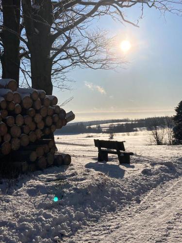 un banco sentado en la nieve junto a un montón de troncos en Hubertusgrund, en Sankt Andreasberg