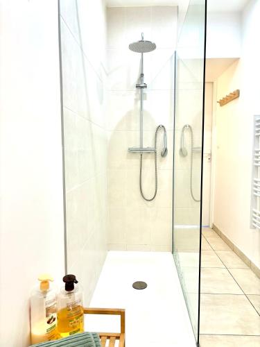 une douche avec une porte vitrée dans une salle de bain dans l'établissement Appartement cosy au cœur de Sète, à Sète