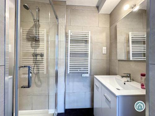 La salle de bains est pourvue d'une douche et d'un lavabo. dans l'établissement Ty Massillon ravissant appartement deux chambres, à Brest