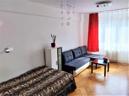 een slaapkamer met een bed en een bank en een rood gordijn bij Útulný pokoj pro 1 osobu ve sdíleném bytě se ženou in Praag