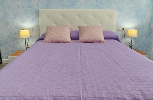 uma cama roxa com duas almofadas cor-de-rosa em Apartamento Angel em San Fernando