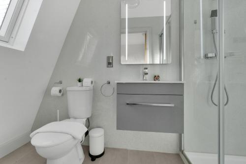 homely - West London Apartments Putney في لندن: حمام ابيض مع مرحاض ودش