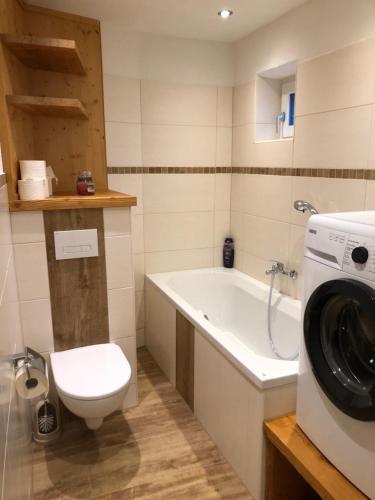 a bathroom with a toilet and a washing machine at Am Neupersteg - Eine Wohnung zum Wohlfühlen in Bad Aussee