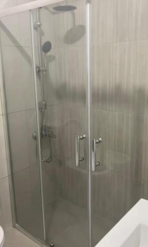 a shower with a glass door in a bathroom at Sommer Apartment in Entroncamento
