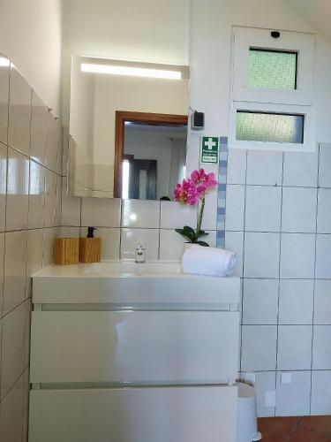 a bathroom with a sink and a vase with a flower at Casa Do Pico in São Vicente