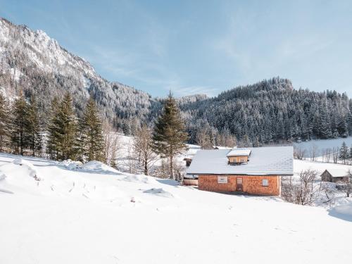 une petite maison dans la neige avec une montagne dans l'établissement Haus 1683 - Wolfbauer, à Johnsbach