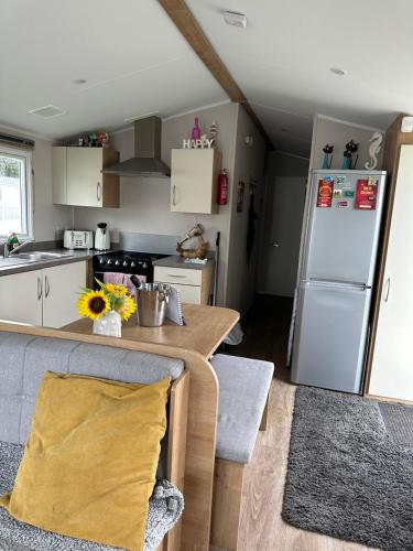 a kitchen with a table and a refrigerator at Powys 37 in Borth