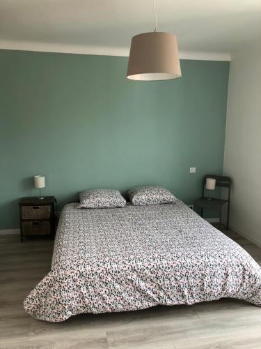 a bedroom with a large bed with a flowered blanket at T3 Anglet, entre Biarritz et Bayonne in Anglet