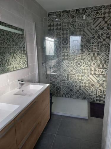 une salle de bain avec un lavabo et une douche dans l'établissement Villa Le Clos des Oliviers, à LʼEscale