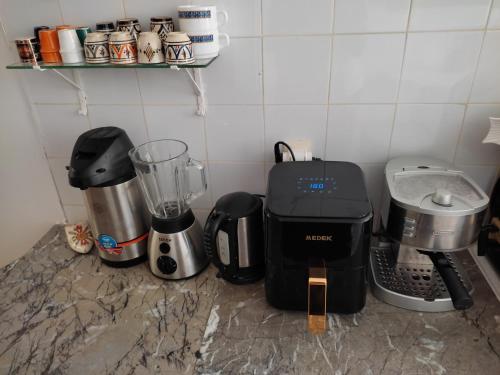 a kitchen counter with a blender and other appliances at Free birds hostel in Tamraght Ouzdar