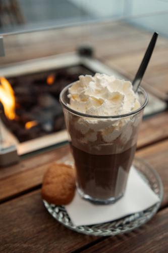 a cup of coffee with whipped cream and a cookie at Schippershuis Terherne in Terherne