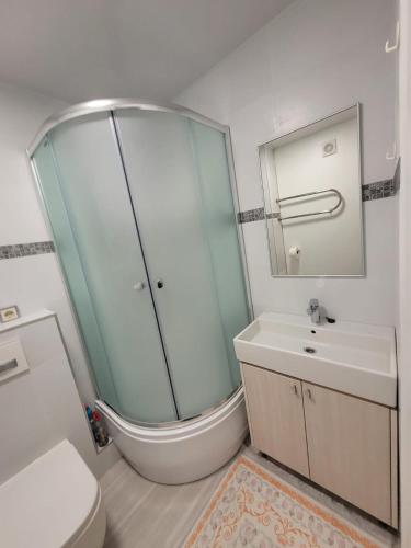a bathroom with a shower and a toilet and a sink at WHITE APARTMENTS free parking self check-inn in Riga