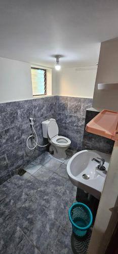 a bathroom with a toilet and a sink at SAIBALA HOMESTAY - AC 3 BHK NEAR AlRPORT in Chennai