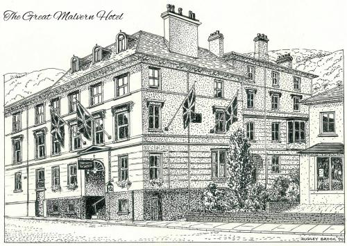 a drawing of the great malcolm hotel at Great Malvern Hotel in Great Malvern