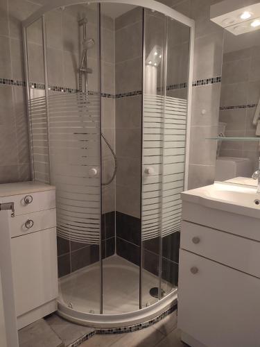 une douche avec une porte vitrée dans une salle de bain dans l'établissement Maison 10min à pied de la plage, à Saint-Cyprien