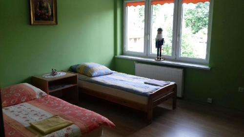 een groene kamer met een bed en een raam bij Uslugi Hotelowe Władysław in Paczków