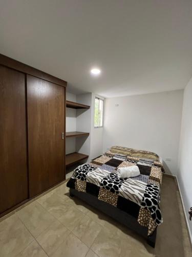 巴蘭基亞的住宿－Gianina house，一间卧室配有一张床和一个木制橱柜