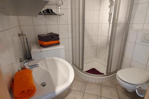 a bathroom with a shower and a sink and a toilet at Strandkorb in Borkum