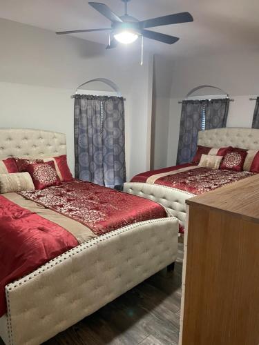 a bedroom with two beds and a ceiling fan at Huge one bedroom with 2 Queen size beds in Houston