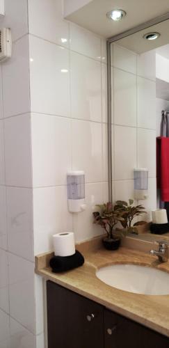 een badkamer met een wastafel en een spiegel bij Arriendo departamentos PA 6 y 7 in Santiago