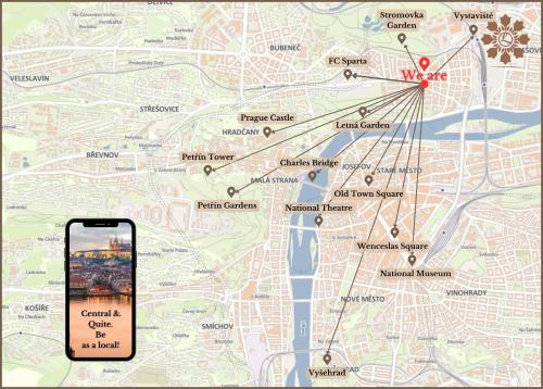 a cell phone on a map of a city at Louren Apartments in Prague