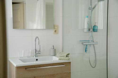 een badkamer met een wastafel en een douche bij Gastenkamers In de Bleick in Rekem