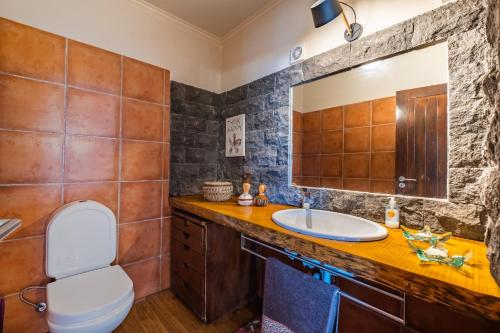 bagno con lavandino, servizi igienici e specchio di São Jorge Cottage a Santana