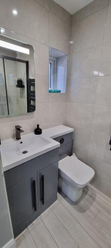 a white bathroom with a toilet and a sink at The Nook in Rostrevor