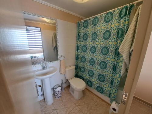 uma casa de banho com um WC, um lavatório e um chuveiro em Departamento completo sector aeropuerto La Serena em La Serena