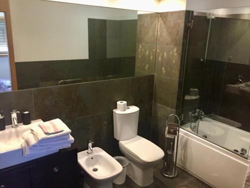 ein Badezimmer mit einem WC, einem Waschbecken und einer Badewanne in der Unterkunft VN MOUNTAIN VIEWS PORTO in Sanguedo