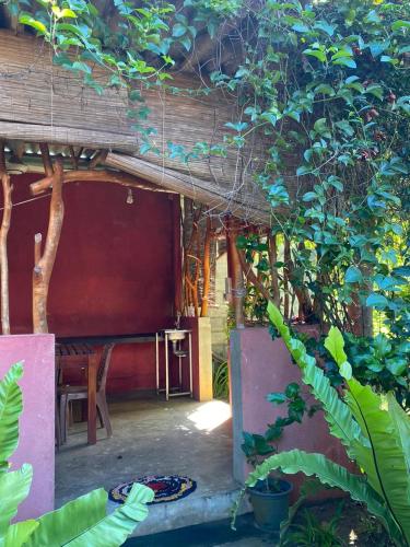 an outside view of a house with a bench and trees at Wild Bee Safari Lodge in Udawalawe