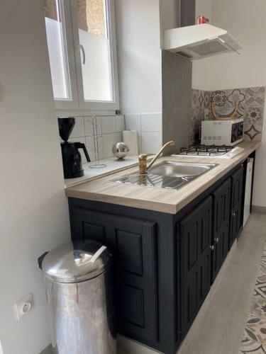 une cuisine avec un évier et un plan de travail dans l'établissement Joli loft rénové, à Payré