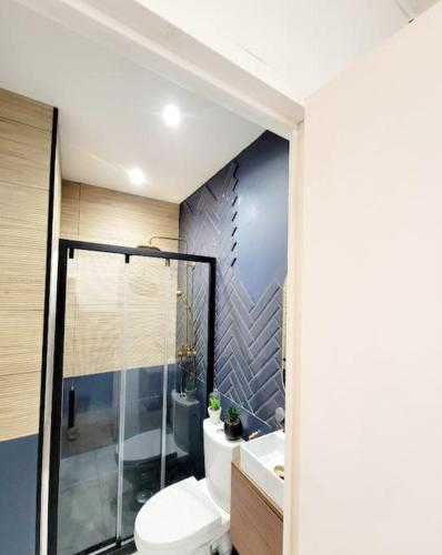 a bathroom with a toilet and a shower and a sink at le Very Cozy in Albi