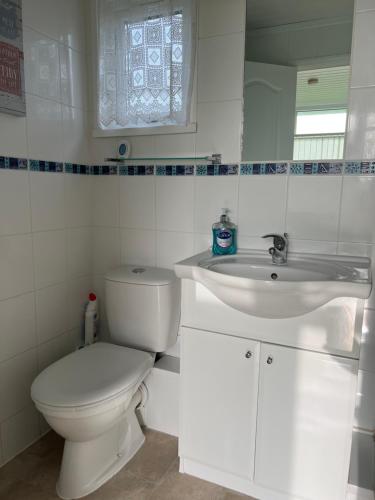 a white bathroom with a toilet and a sink at The Chalet in Stalham