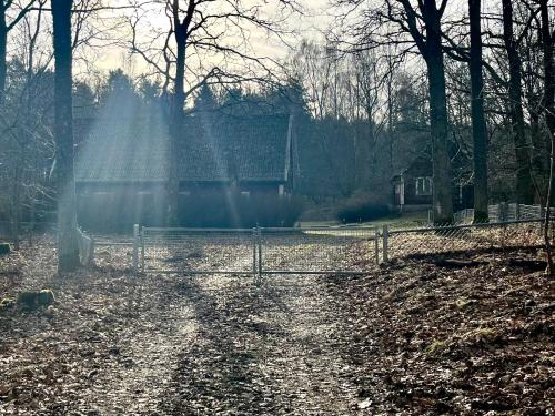 a fence in the middle of a field with trees at Orehus - Country side cottage with garden in Sjöbo