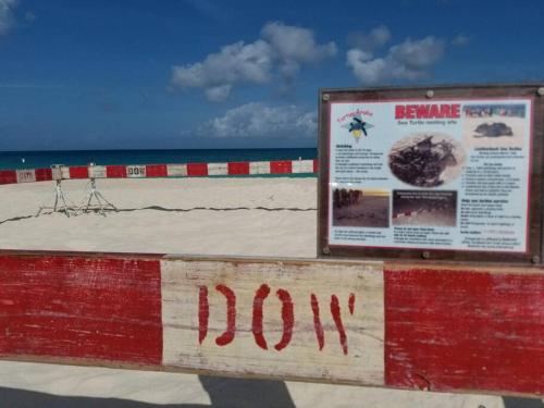 a sign on the beach next to the ocean at Beautiful Vibes Sun Kiss Serenity your Stylish Apt Just Steps from Eagle Beach in Palm-Eagle Beach