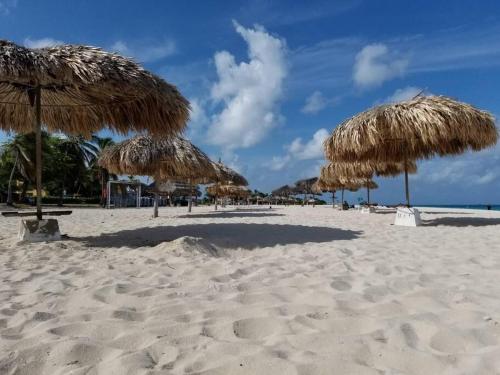 a beach with straw umbrellas and chairs on the sand at Beautiful Vibes Sun Kiss Serenity your Stylish Apt Just Steps from Eagle Beach in Palm-Eagle Beach