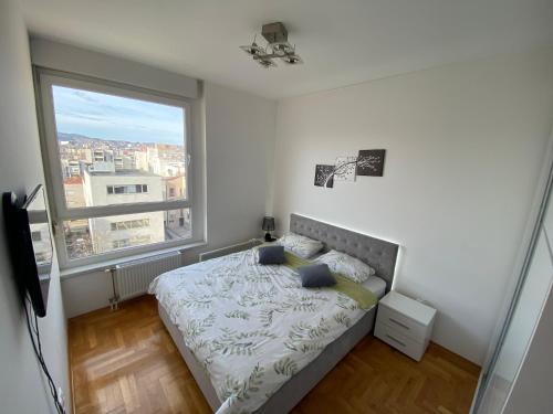 1 dormitorio con cama y ventana grande en Stan na dan Bella, en Banja Luka