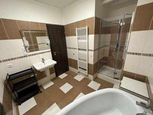 a bathroom with a tub and a sink and a shower at City Center apartment FREE PRIVATE PARKING in České Budějovice