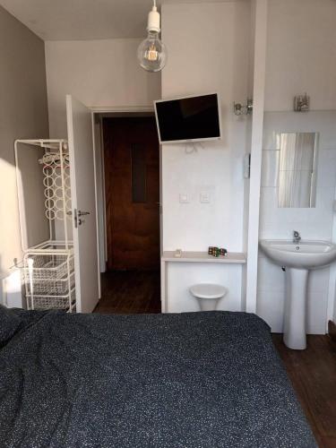 une chambre avec un lit, un lavabo et une télévision dans l'établissement Appartement pour 7 pers au coeur de l'Alsace, à Muttersholtz