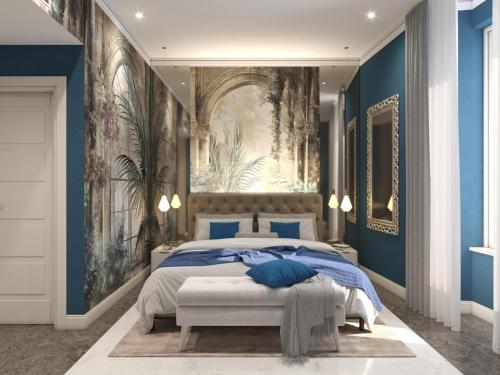 - une chambre avec un grand lit orné d'une peinture murale dans l'établissement Adelaide Suite Dreams, à Rome