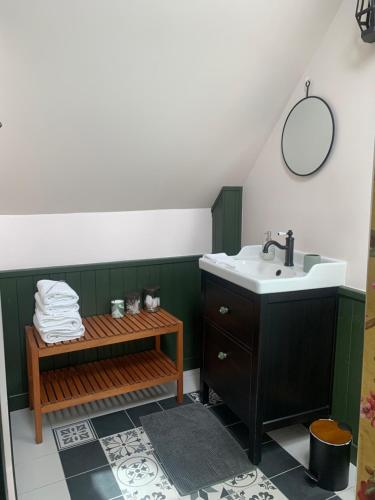 un bagno verde con lavandino e specchio di Bed and Breakfast à Rochefort-en-Terre a Rochefort-en-Terre