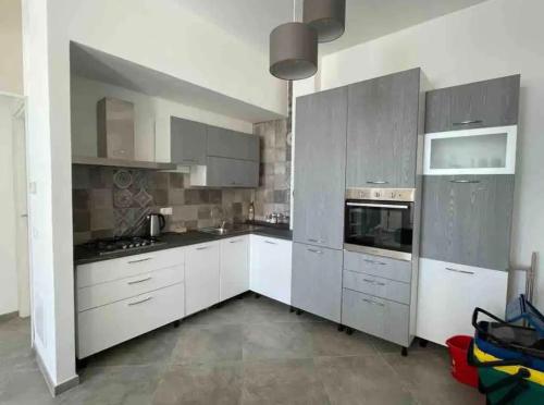 a kitchen with gray cabinets and white appliances at La casetta di Marta sul mare in Imperia