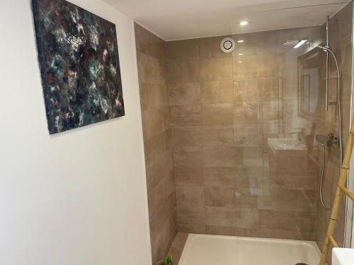 a bathroom with a shower and a sink at Villa Héliopolis in Ventiseri