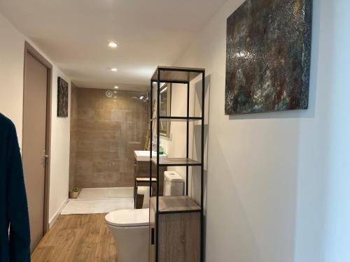 a bathroom with a toilet and a sink at Villa Héliopolis in Ventiseri