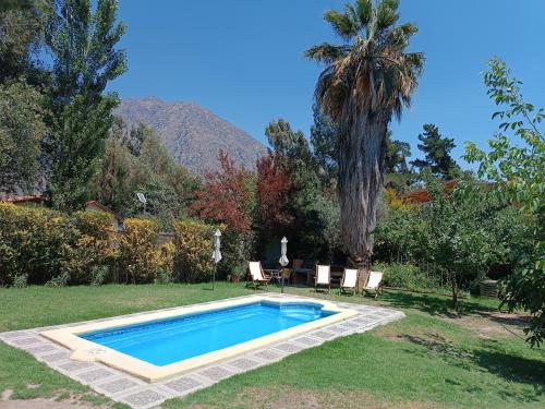 a swimming pool in a yard with a palm tree at Cabaña El Tiempo Es Arte in San José de Maipo