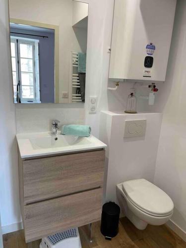 une petite salle de bain avec un lavabo et des toilettes dans l'établissement Guérande, studio entier intra-muros, à Guérande